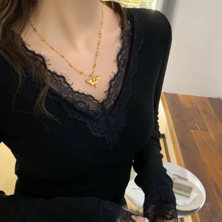 W5504王仙女「加绒加厚蕾丝V领打底衫」辣妹黑色v领蕾丝修身T恤上衣