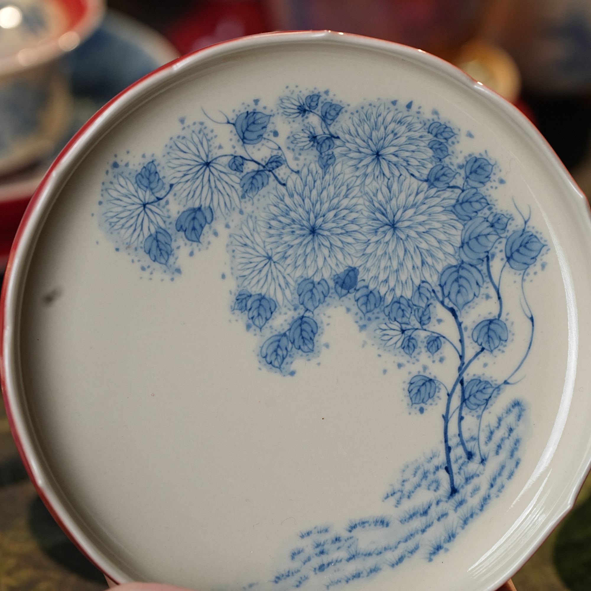 雨香斋景德镇高温纯手工手绘柿子红菊花异口壶承-13cm