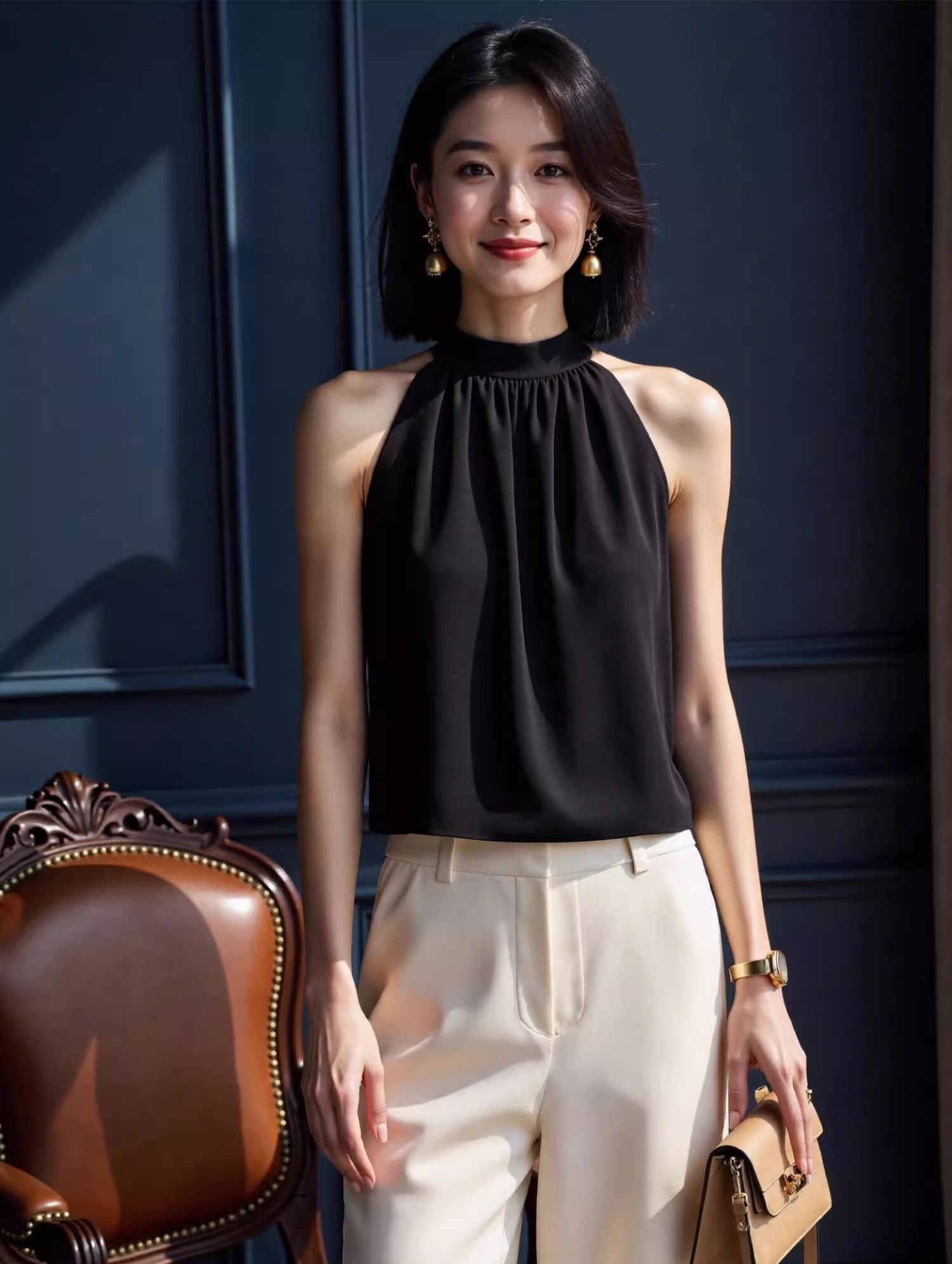 {yoyo主推/醋酸挂脖上衣}三醋酯挂脖上衣气质休闲时尚春夏