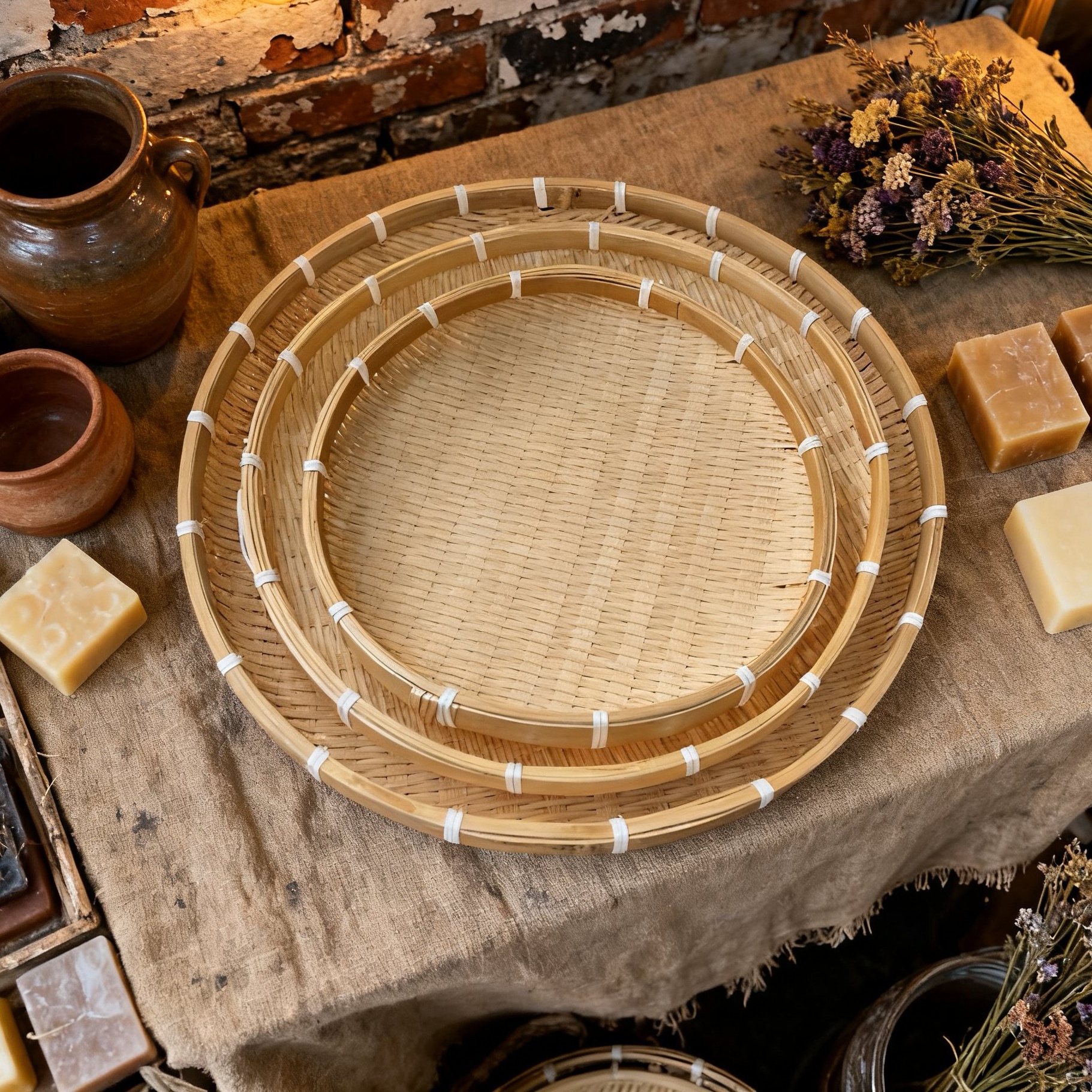 一级 6666 竹编（到手三个）42-36-30公分三件套晒筐圆形收纳筐簸箕