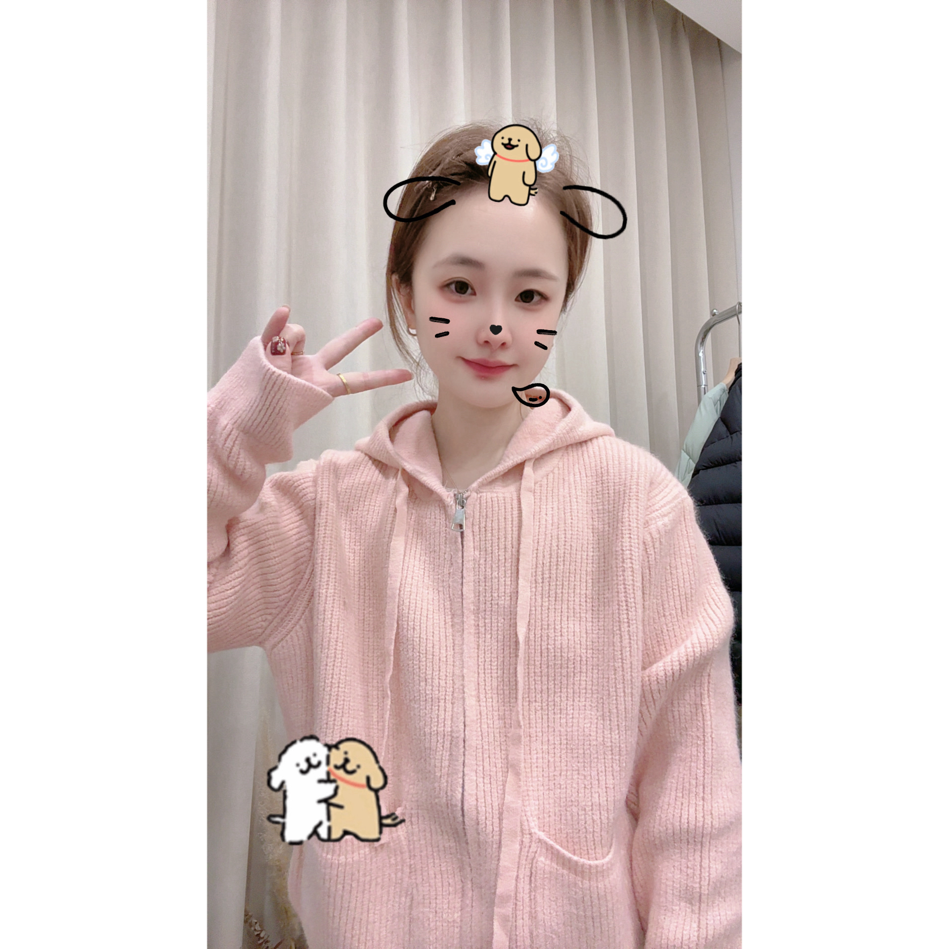 Naonao～秋冬韩系慵懒风连帽拉链长袖宽松显瘦针织开衫外套女