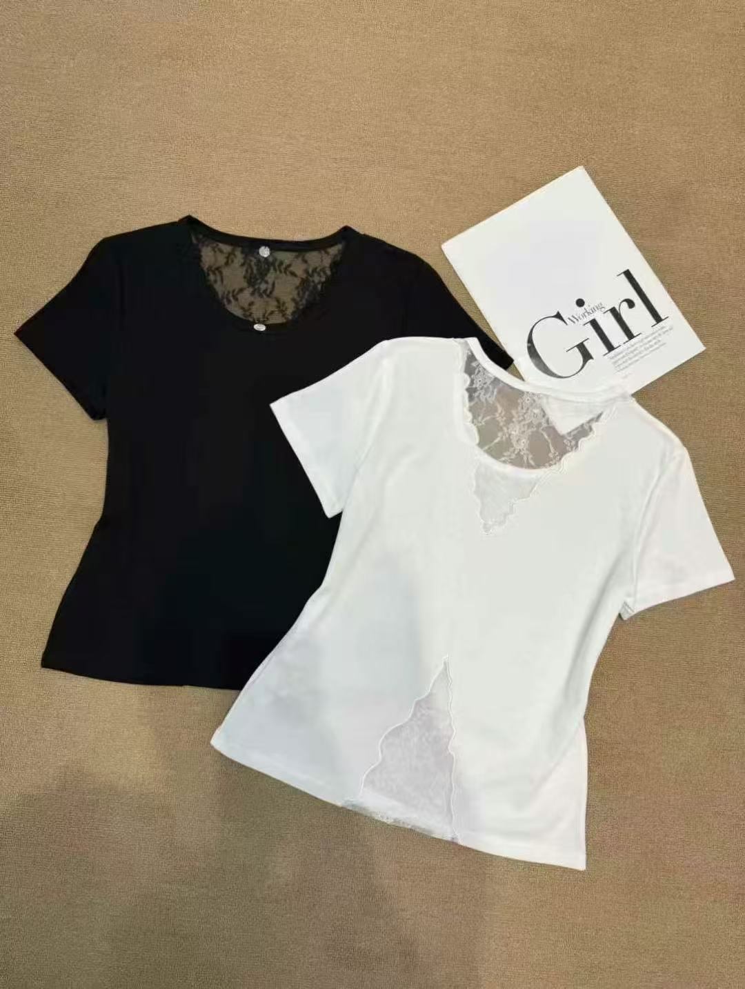 Z.X 设计款镂空蕾丝拼接露背短袖T 8233（C4）