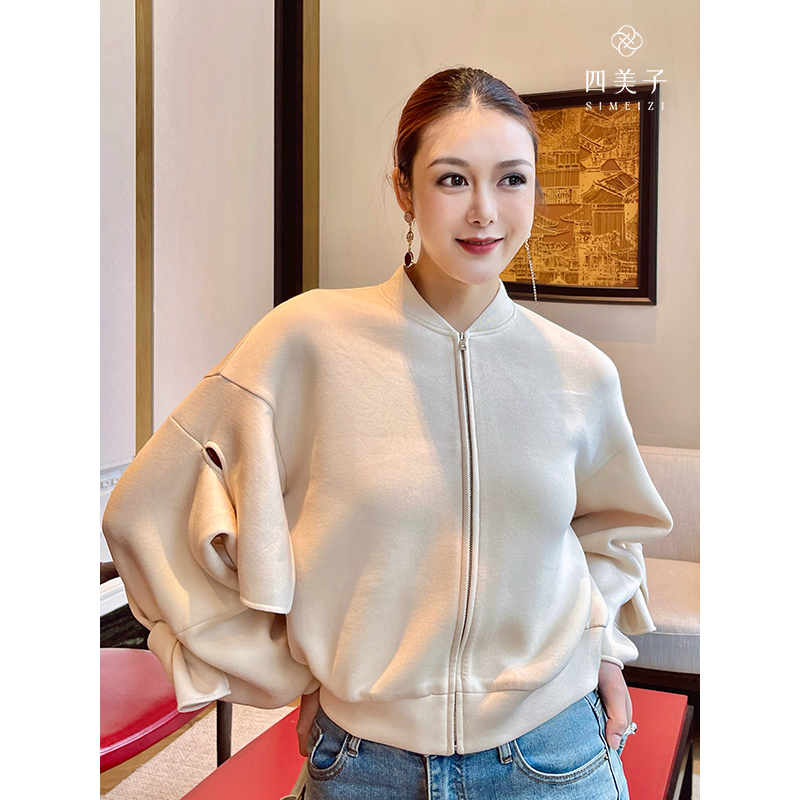 【特惠清仓】四美子短款外套立领拉链设计休闲纯色上衣春秋百搭开衫