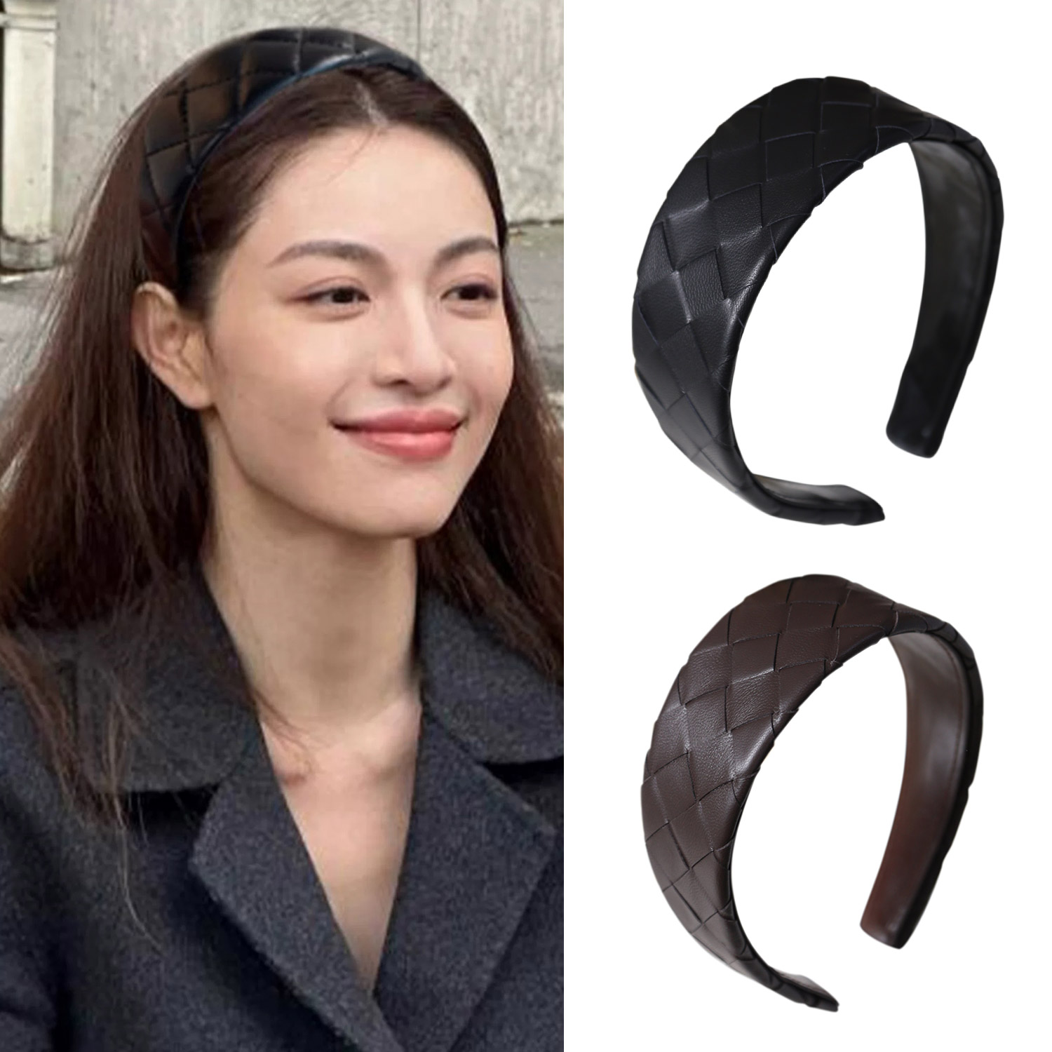 秋印 轻奢丽人皮质编织宽版发箍韩版经典舒适真皮头箍发饰显气质