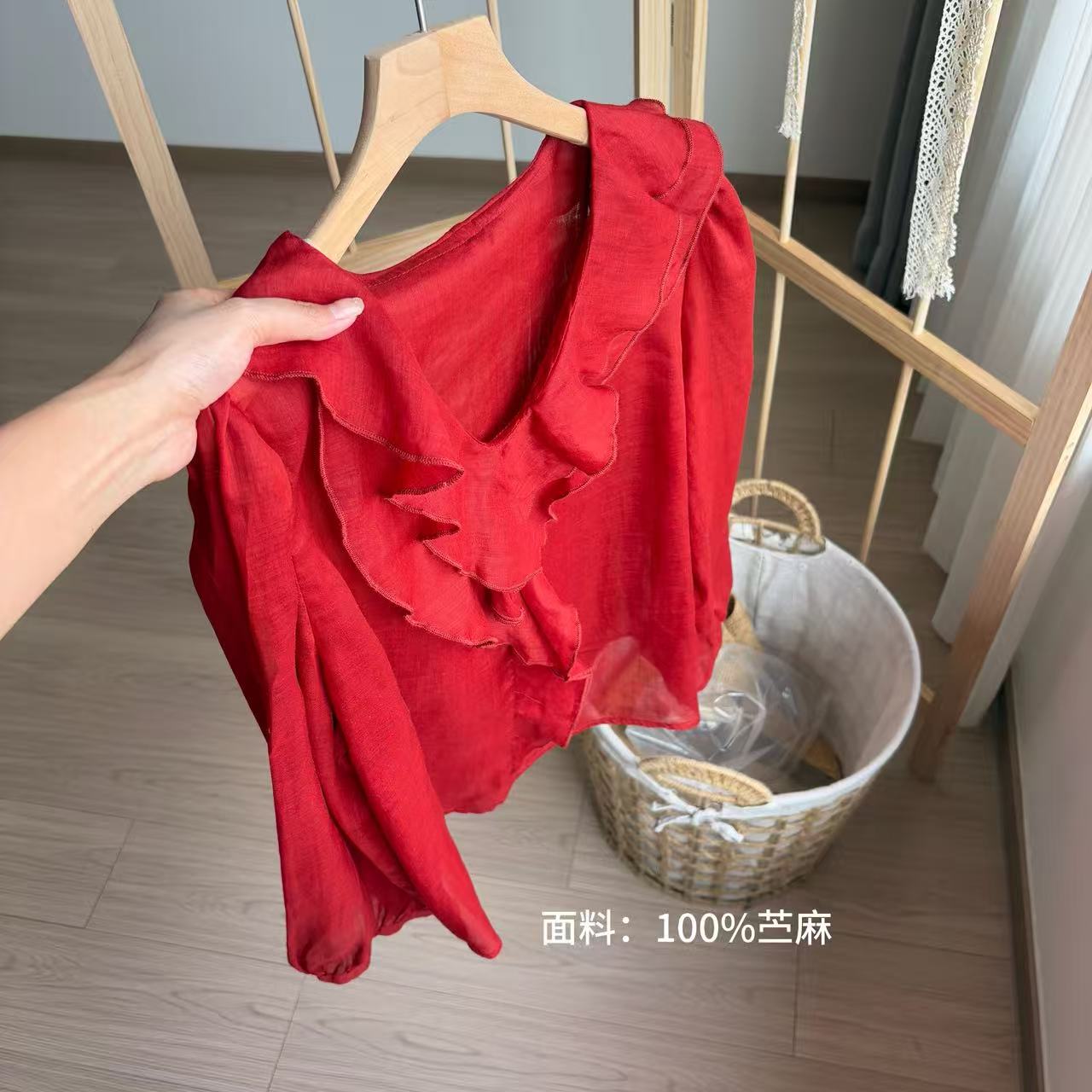 小柒家A0481-秋季新款荷叶花边甜美系百搭苎麻小衫