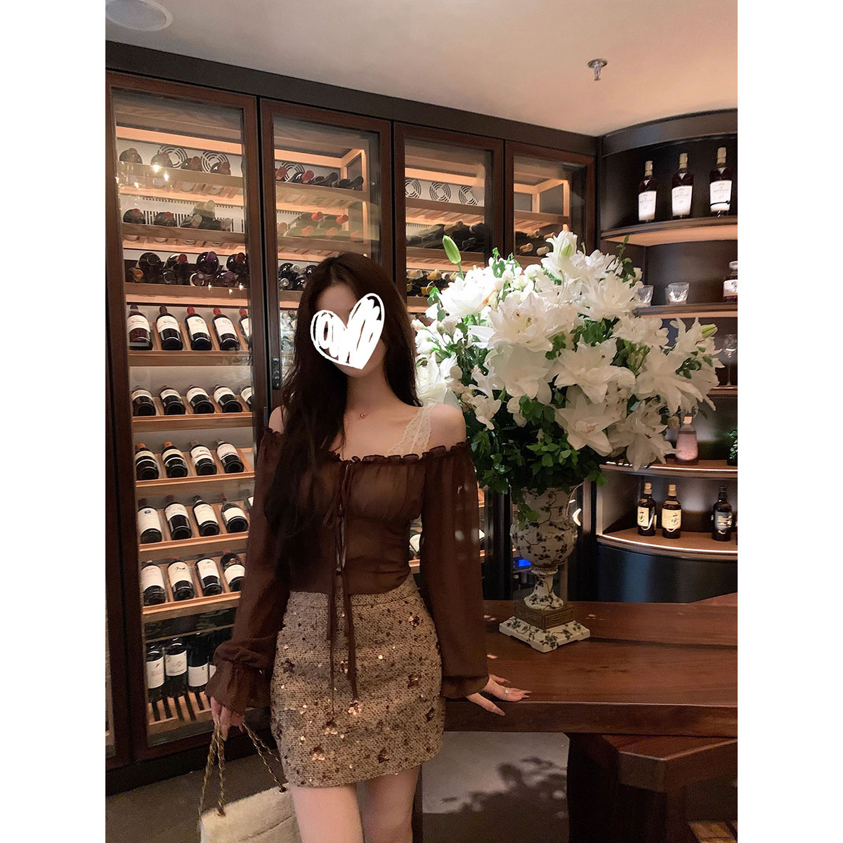 纯欲风一字肩T恤气质修身显瘦长袖上衣女秋季设计感亮片包臀短裙