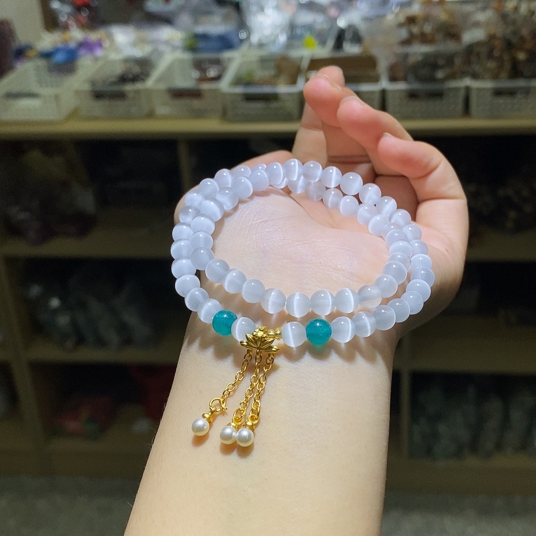 非金属仿水晶手链 白猫眼双圈手串DIY设计款手作