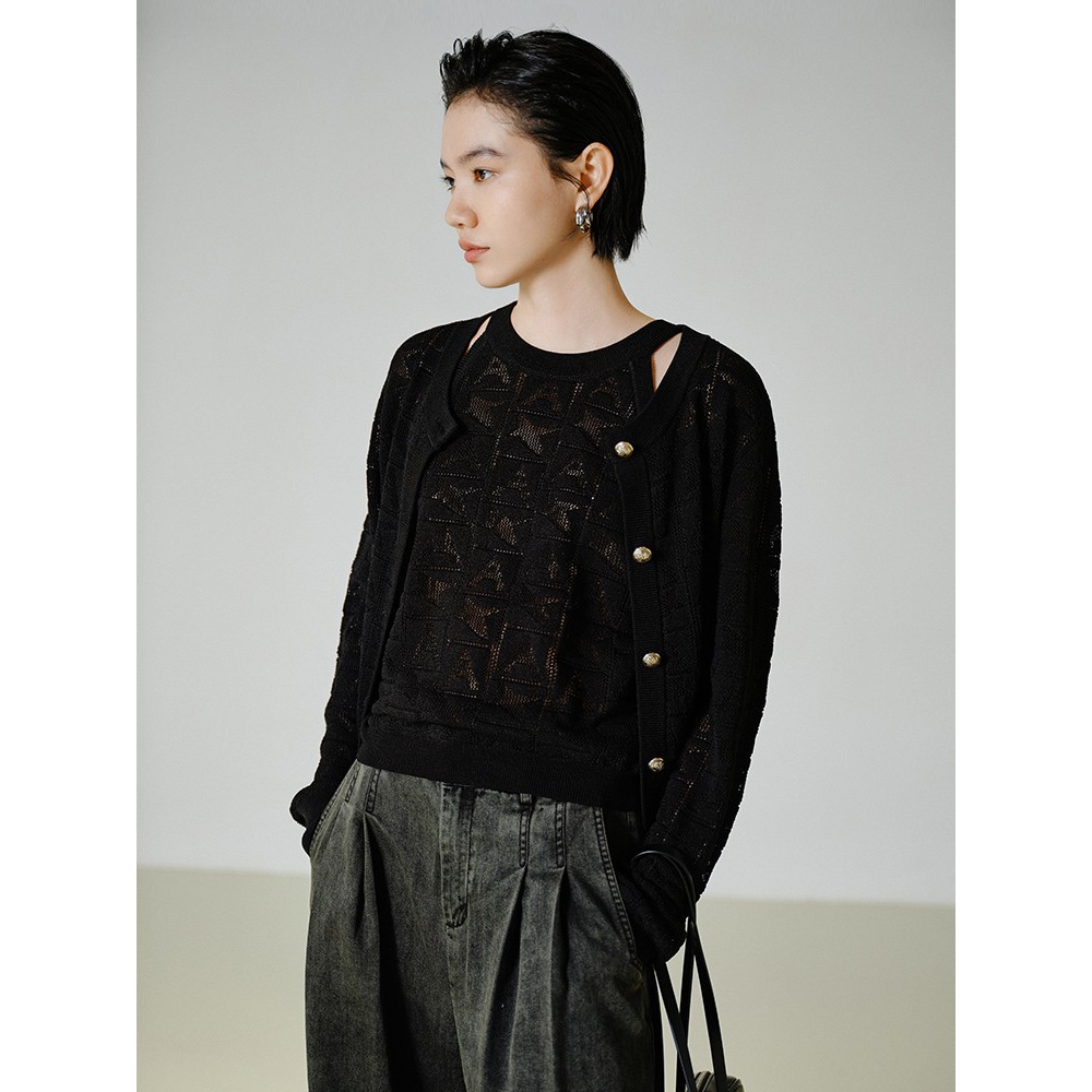 【折客优品】秋镂花针织开衫背心两件套女单排扣上衣862-7QD85378