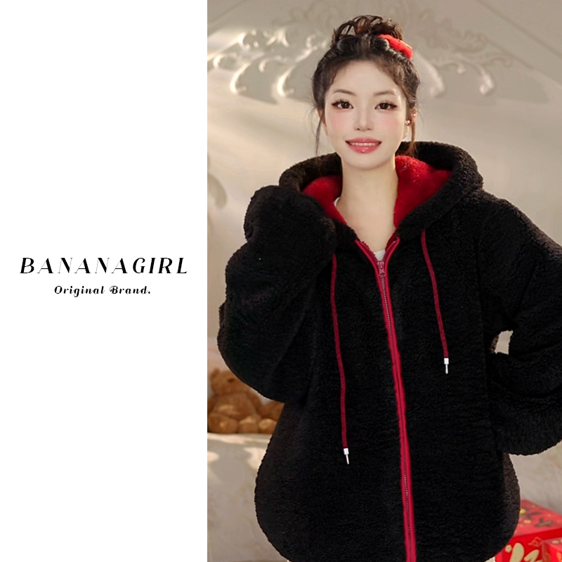 Bananagirl【车厘子】极寒睡衣女冬羊羔绒毛连帽外套保暖家居可外穿
