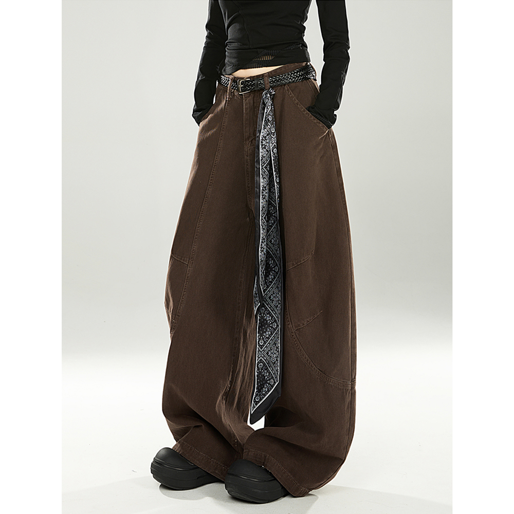 美拉德咖色弯刀牛仔裤女秋季新款高腰宽松阔腿显瘦廓形直筒长裤子