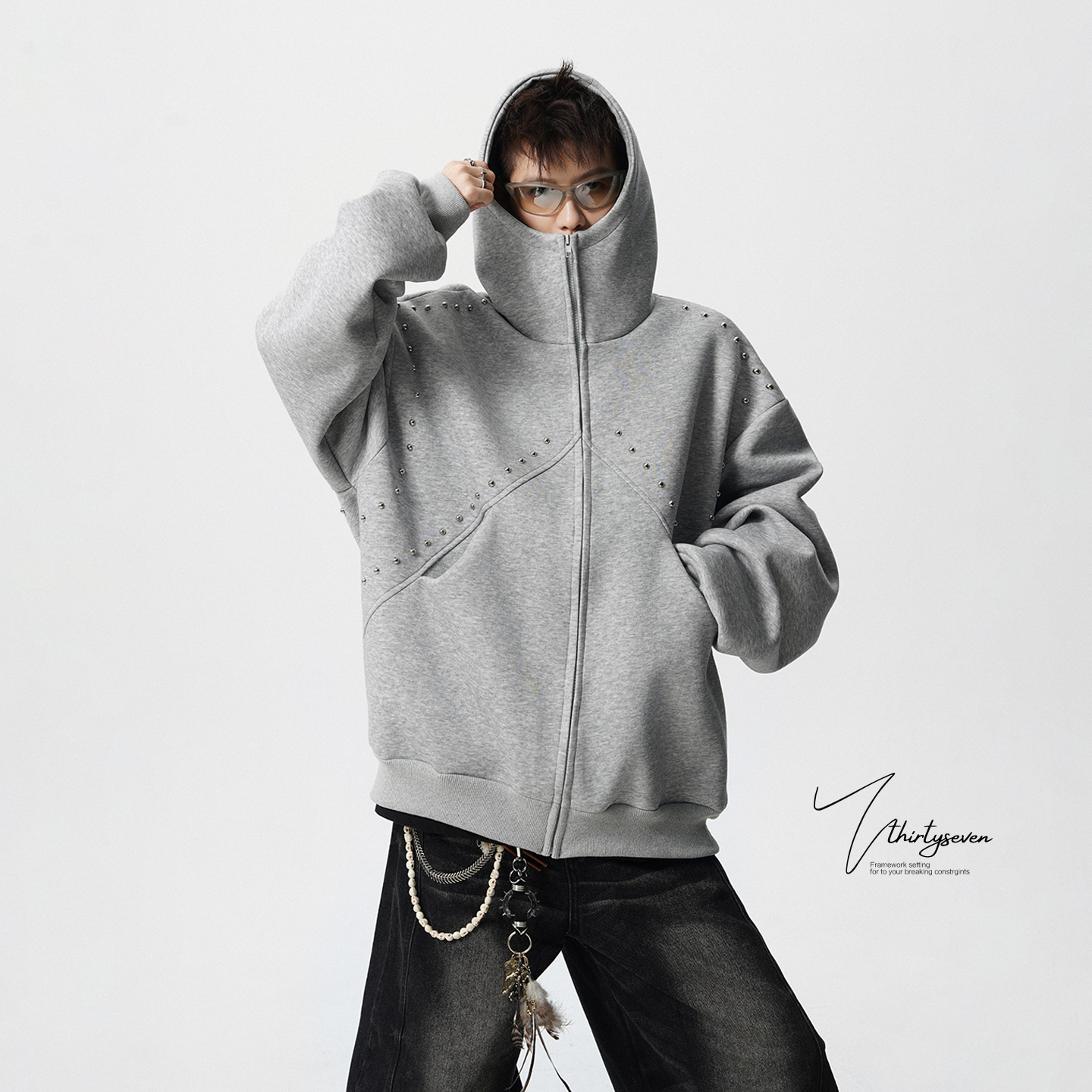 V37国潮情侣美式开衫卫衣男女拼接铆钉设计感拉链上衣连帽外套潮