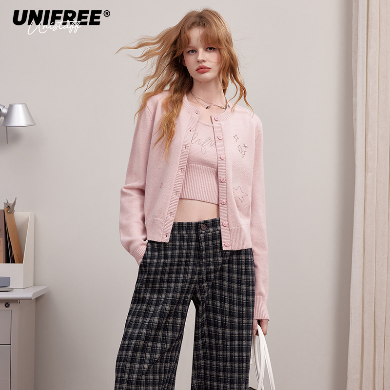 【芋总专属】UNIFREE粉色长袖针织衫简约内搭吊带显瘦两件套装上衣