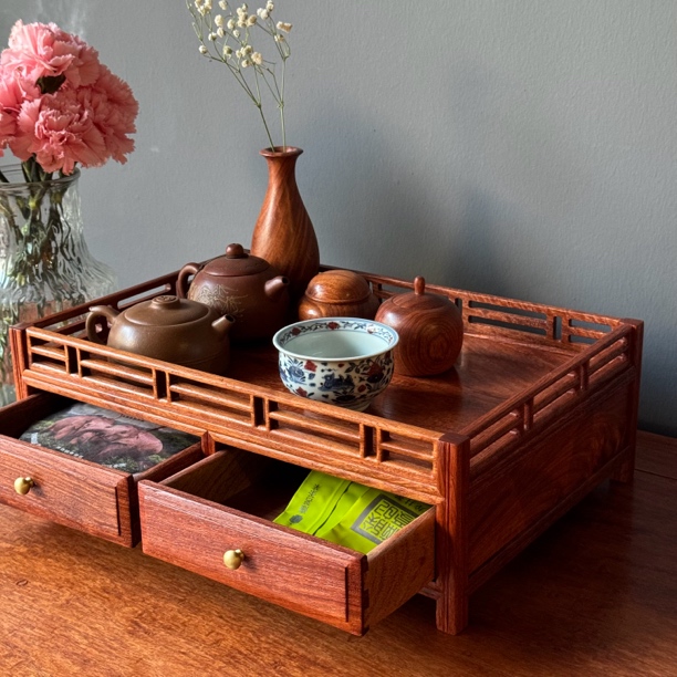 瓜棱围栏双抽屉收纳柜缅甸花梨茶空间百搭