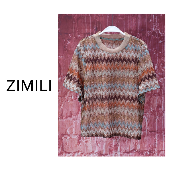 【亮哥女装】2025夏重工设计褐色民族风波浪纹镂空微透短袖9066