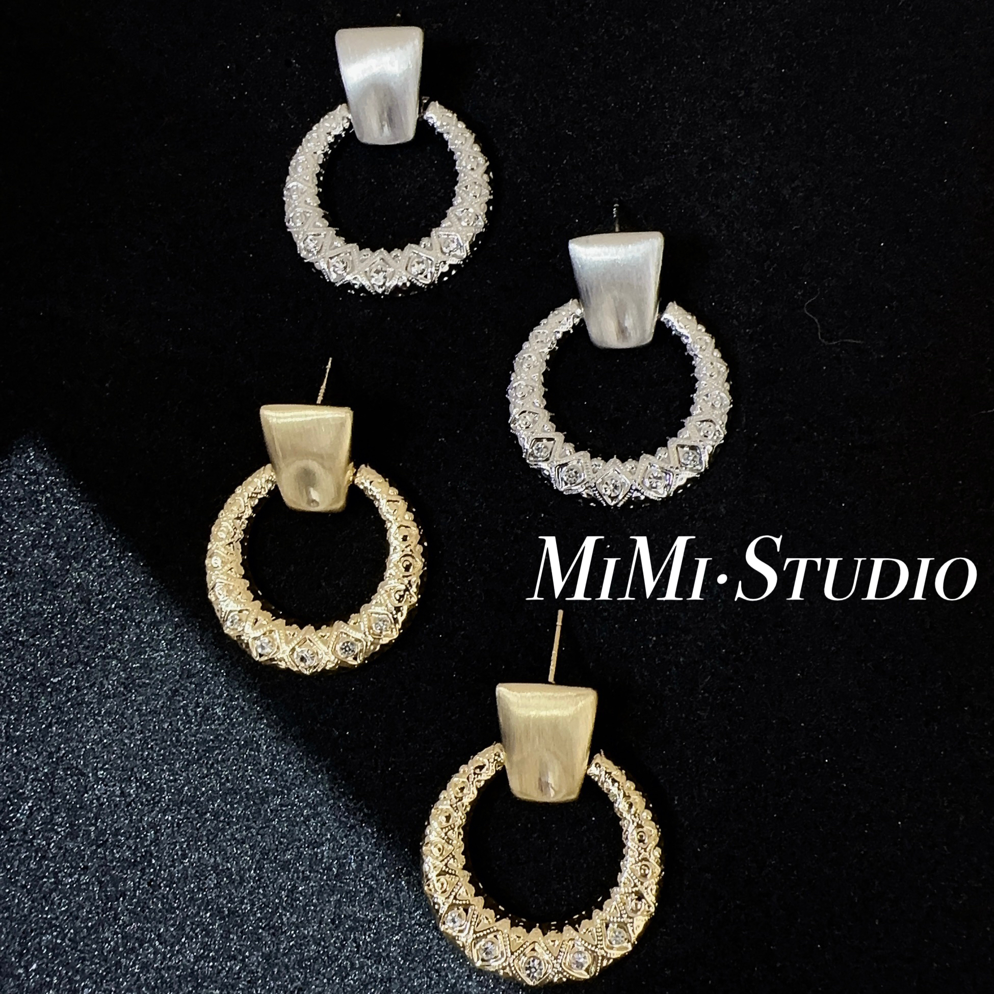 铜合金耳饰 轻奢复古不规则拉丝镶钻圆形吊坠