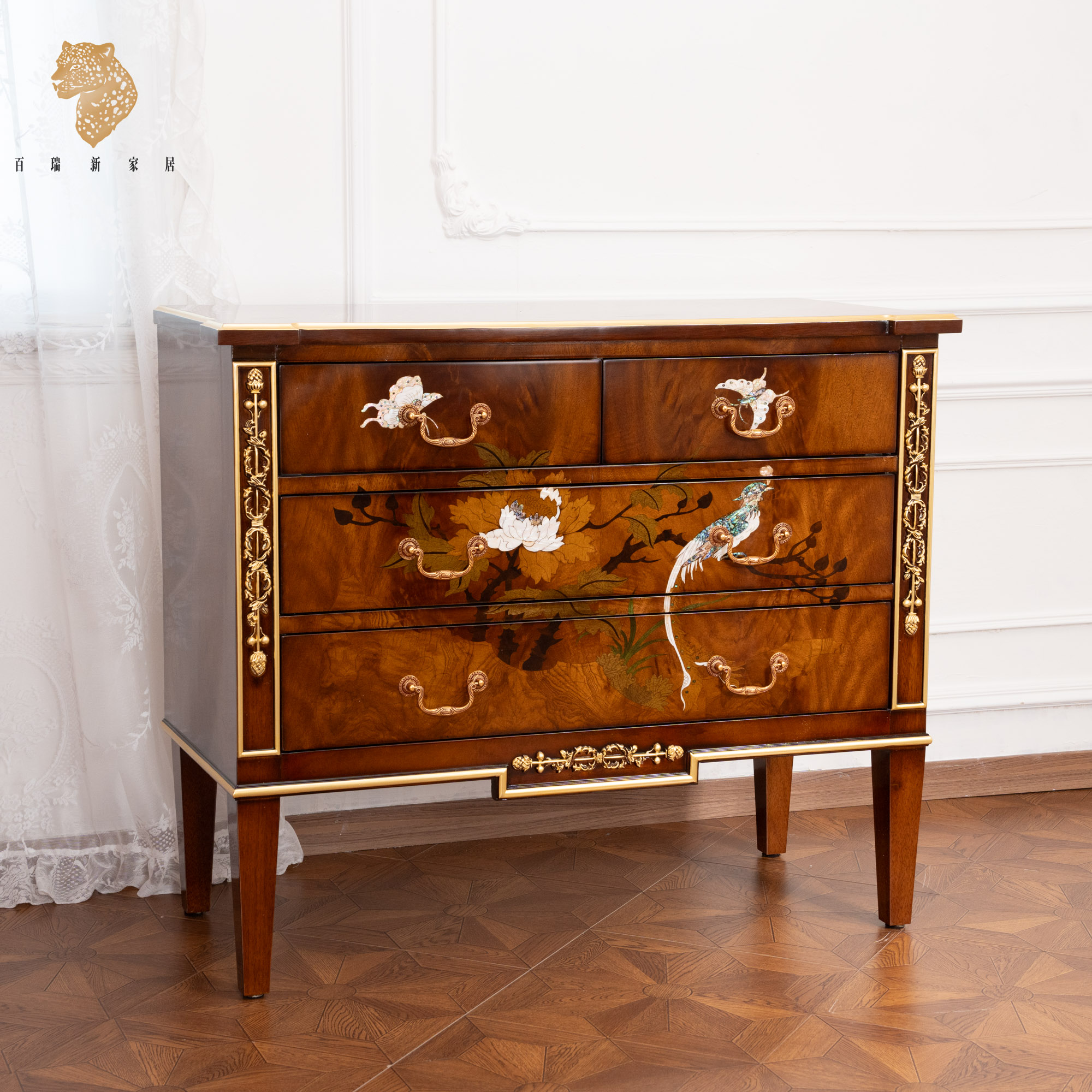 百瑞新美式实木螺钿四斗柜家用卧室雕花储物柜-YLSD-BRX1778