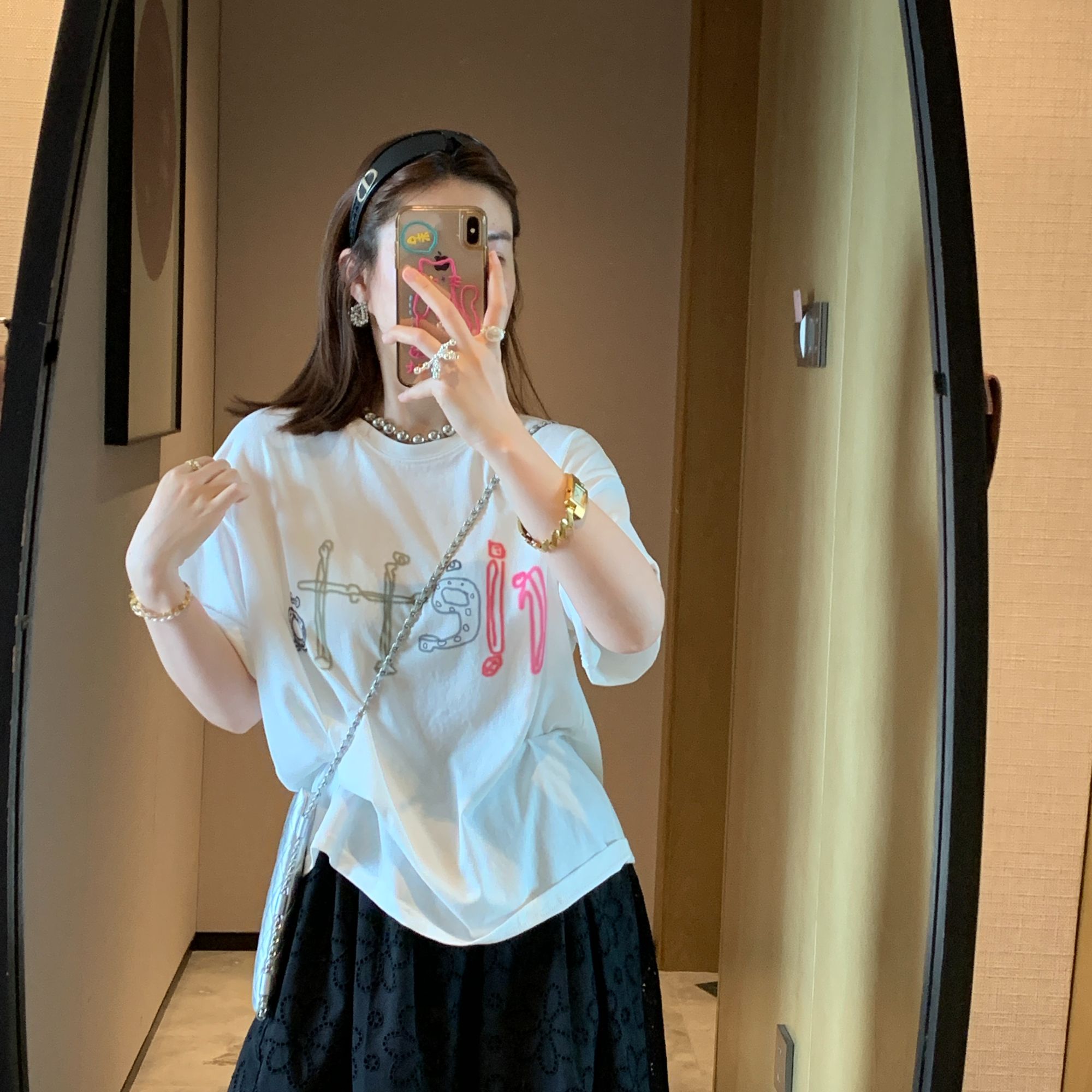 T恤字母小众中袖圆领显瘦夏季短袖印花透气休闲设计感