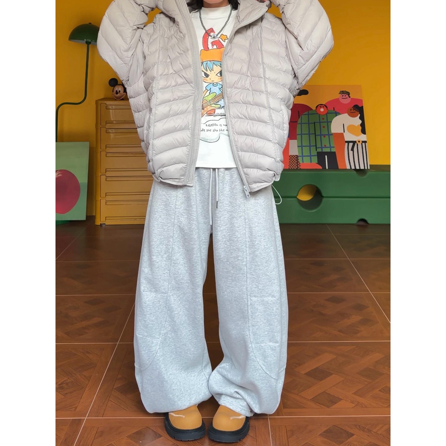 （加绒解构拼接弯刀卫裤）秋冬美式复古直筒休闲阔腿卫裤显腿长！！