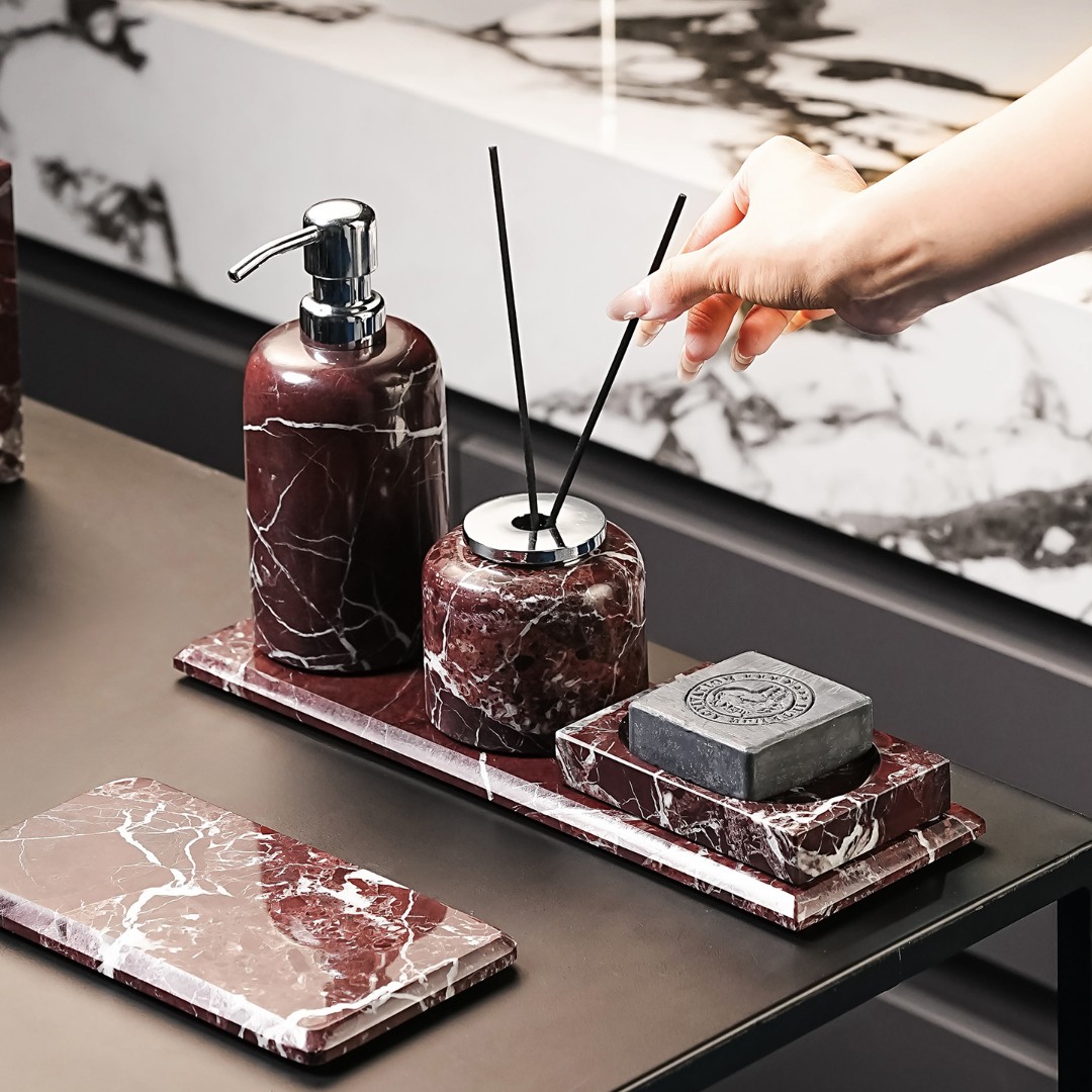 新款大理石乳液器样板房卫生间洗手液分装空瓶紫罗红奢石香薰摆件