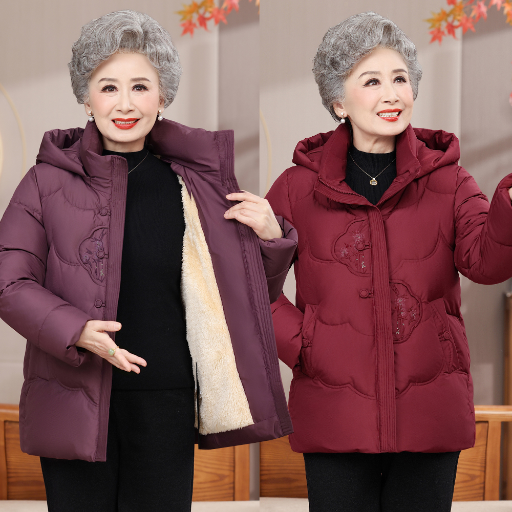 老年人妈妈装冬装加绒加厚棉衣老太太连帽棉袄奶奶装高档棉服