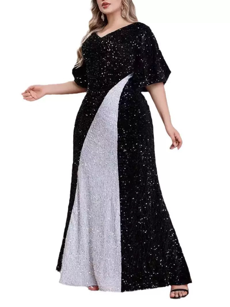 【略厚春秋冬可以穿】黑白色丝绒加亮片设计礼服连衣裙宴会