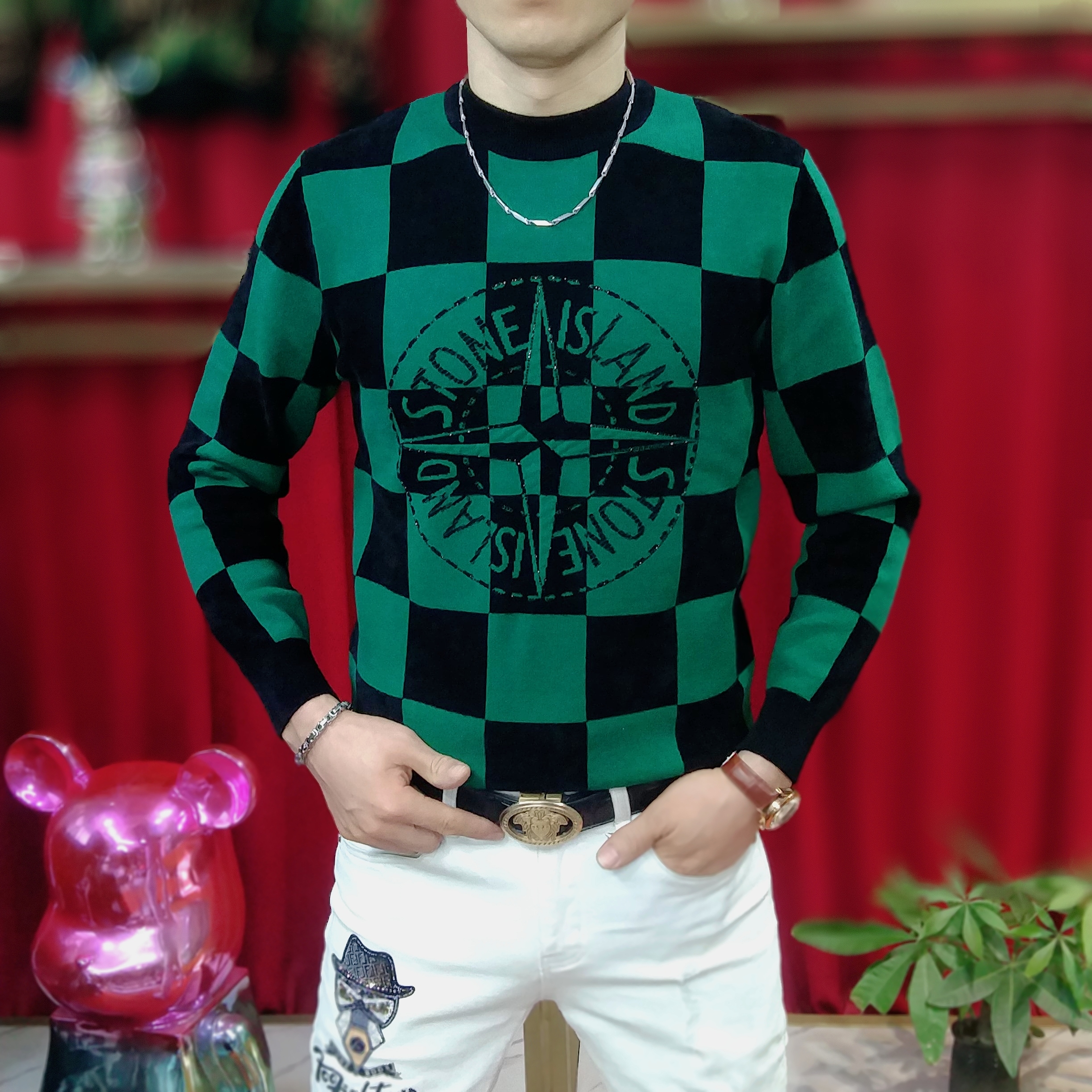 男士秋冬新款休闲时尚字母提花针织潮流修身帅气圆领打底保暖毛衣