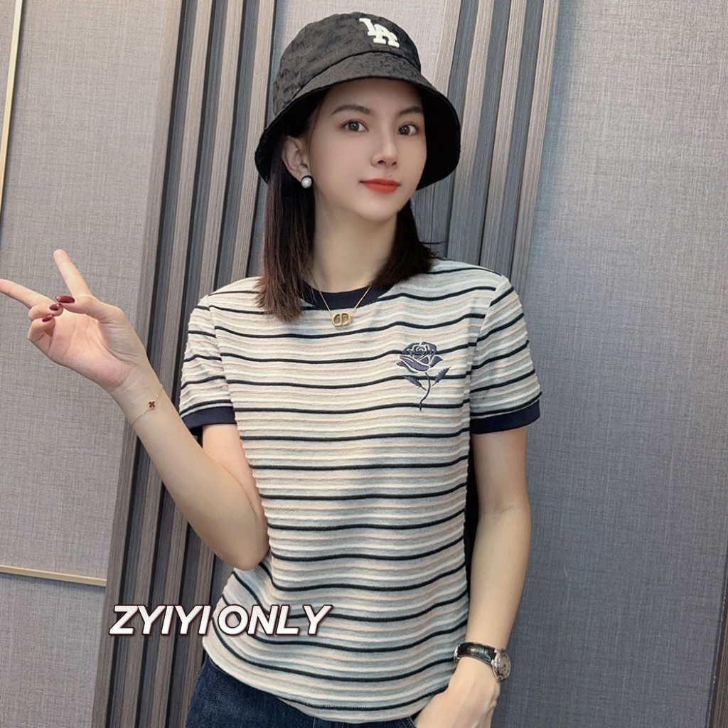 【绽放玫瑰】2025夏新款短袖T恤修身显瘦条纹休闲百搭上衣女