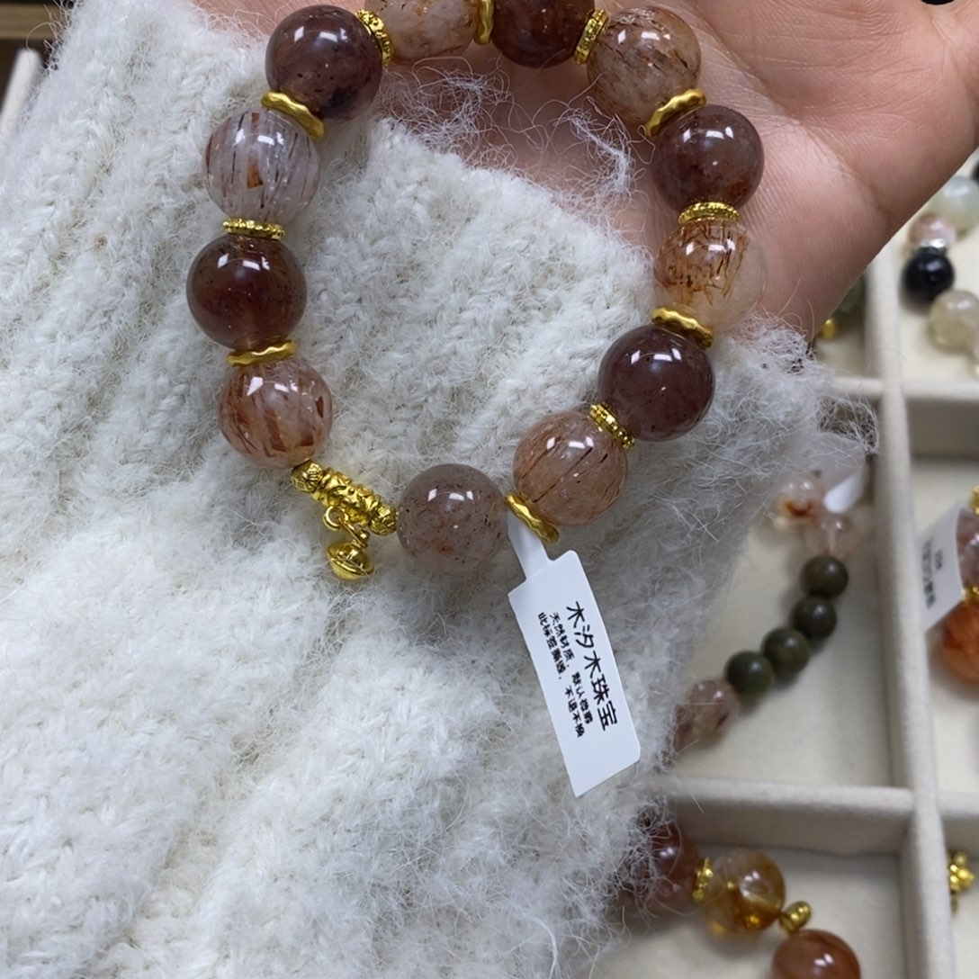 水晶手串银S925镀金镶嵌黑金超7