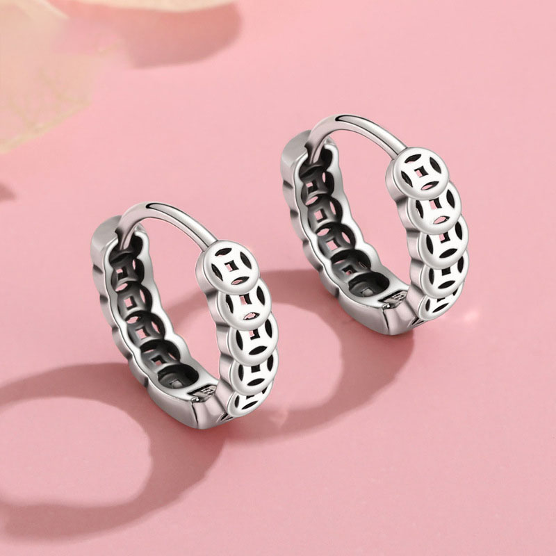 925银耳饰 E0146纯银钱串子耳扣复古个性铜钱耳环做旧钱币耳圈