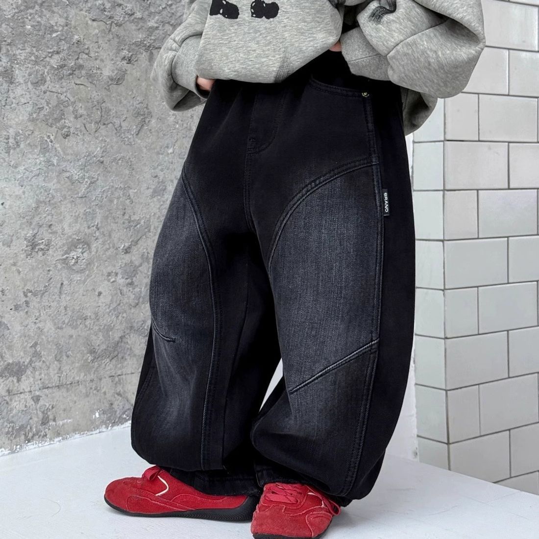 新款男童美式复古加绒弯刀牛仔裤秋冬时尚百搭