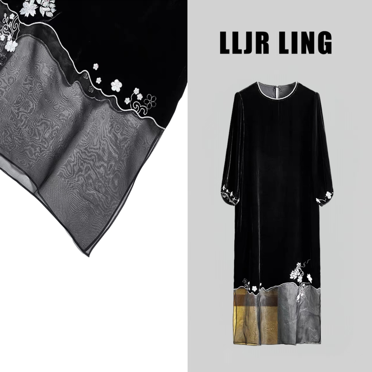 【玲姐】复古刺绣拼接钉珠过膝优雅真丝丝绒连衣裙女253633