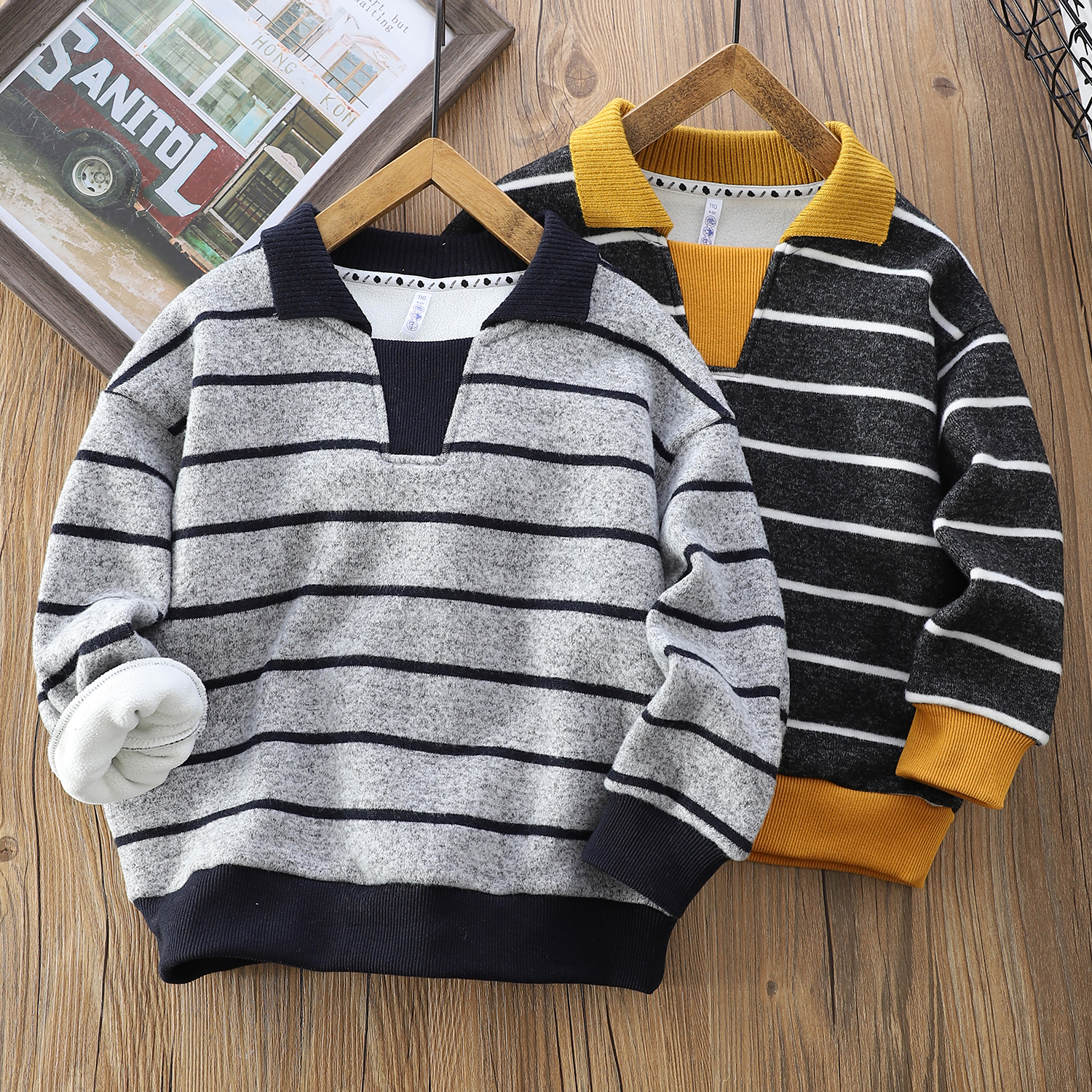 男童条纹加绒卫衣中大童2025秋冬款加厚保暖长袖POLO