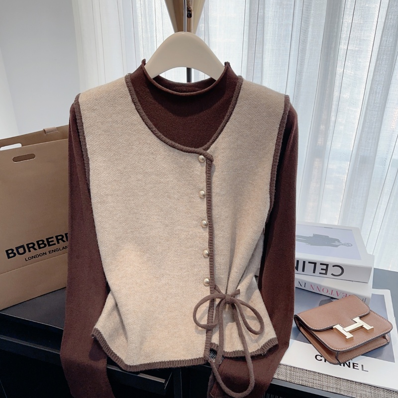 法式小香风圆领针织马甲背心两件套女春秋半高领打底衫上衣套装潮