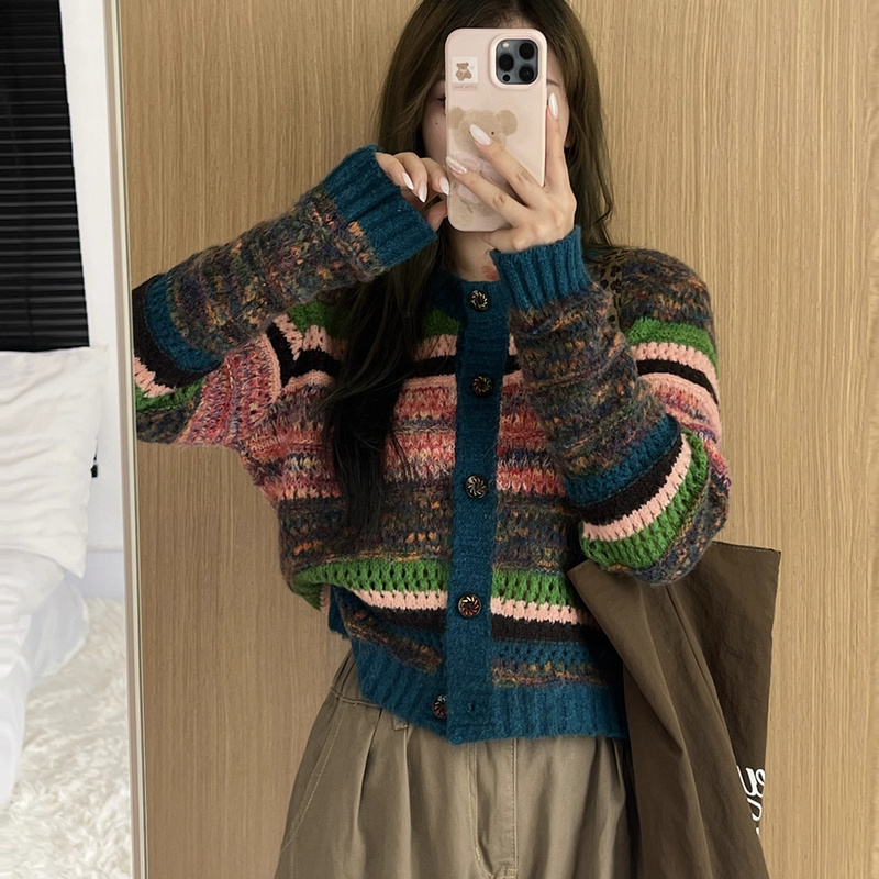 复古撞色条纹毛衣开衫女2025春秋新款宽松单排扣针织外套短款上衣