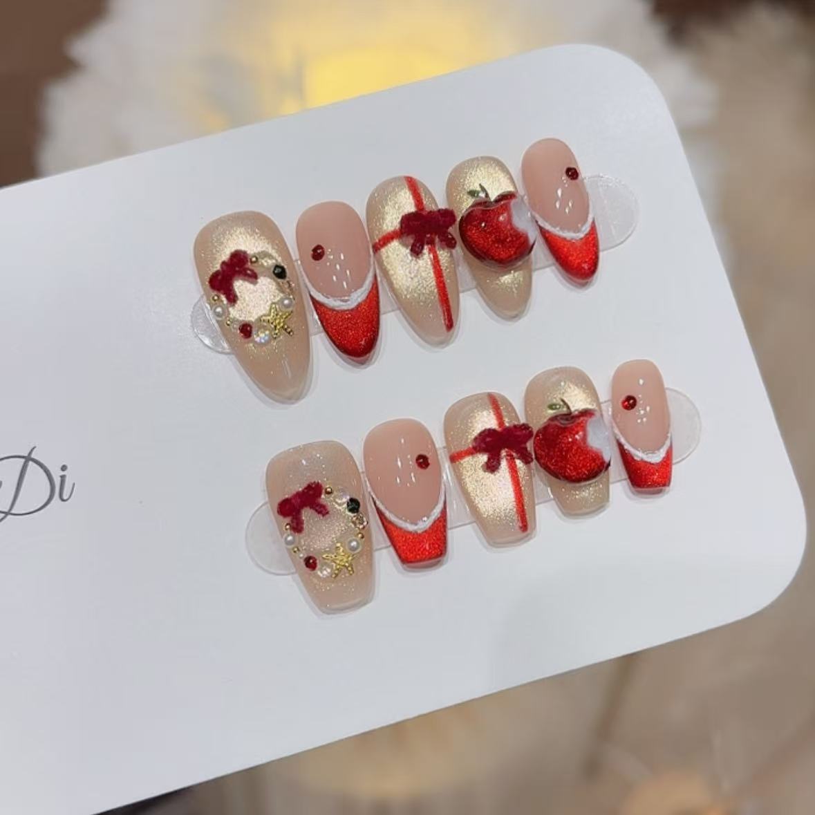 【圣诞礼物】姐弟纯手工穿戴美甲圣诞花环苹果猫眼款BC216