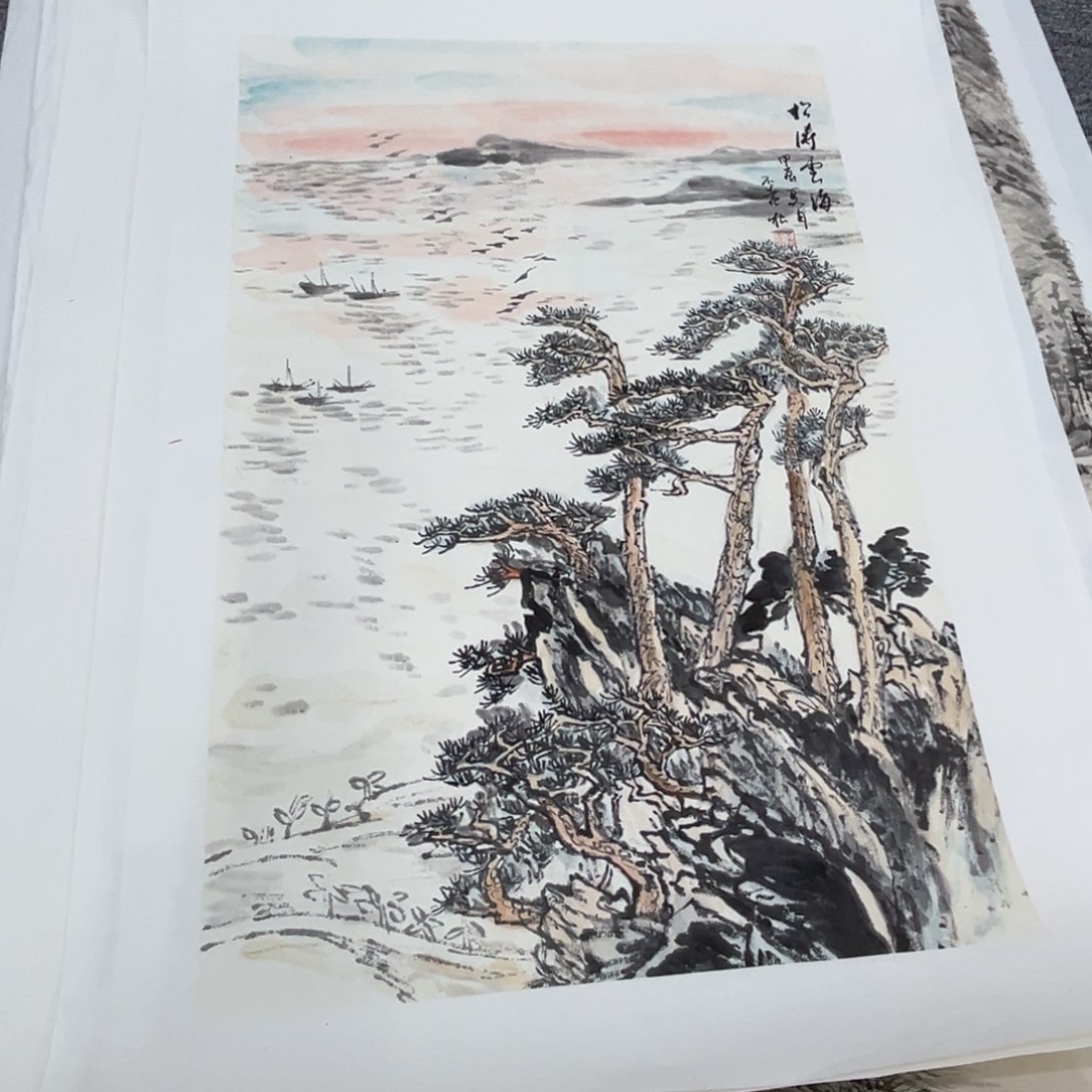 国画刘松老师四尺三开绘画带托底