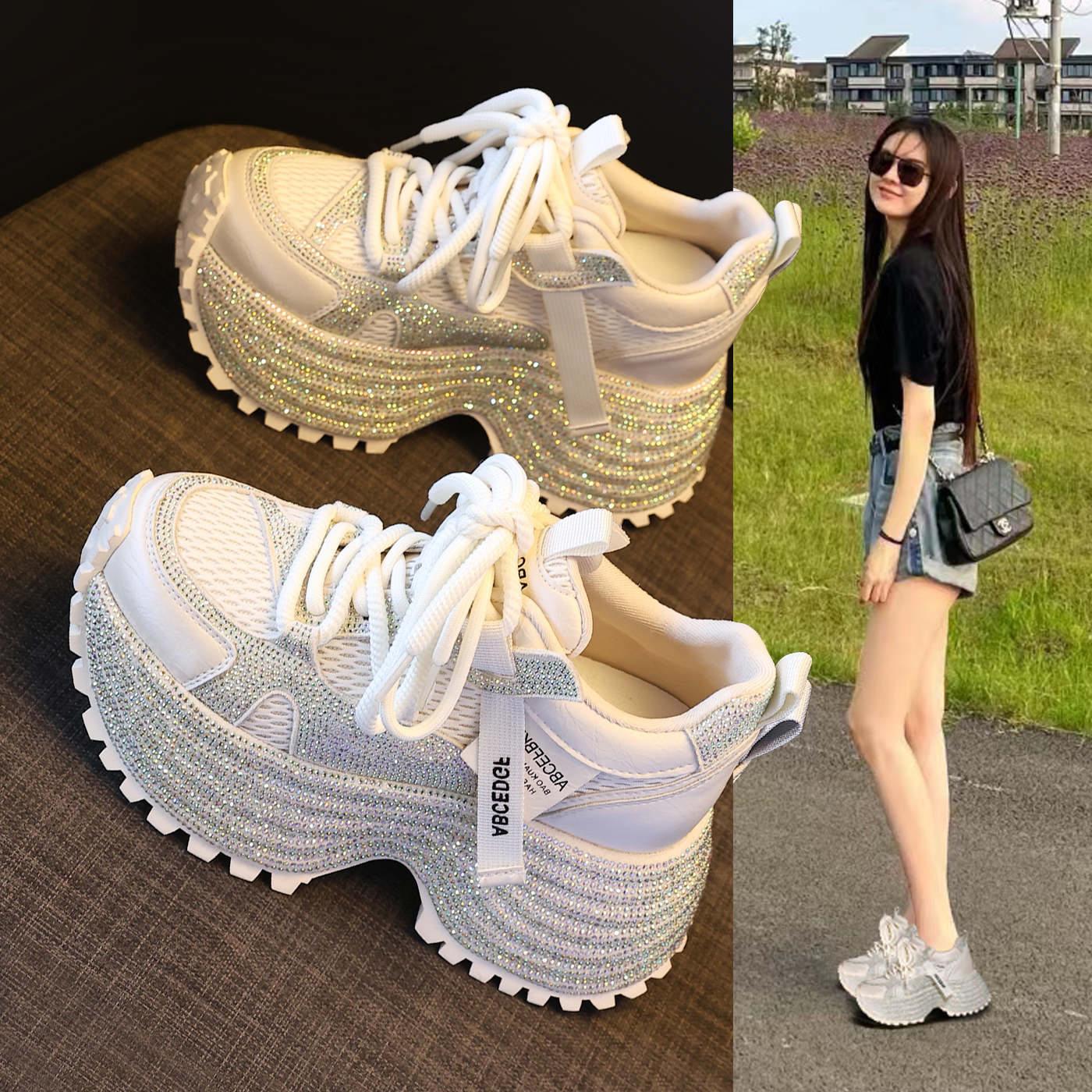 HC3063厚底内增高时尚满钻老爹鞋女2026春季新款网面运动休闲潮鞋