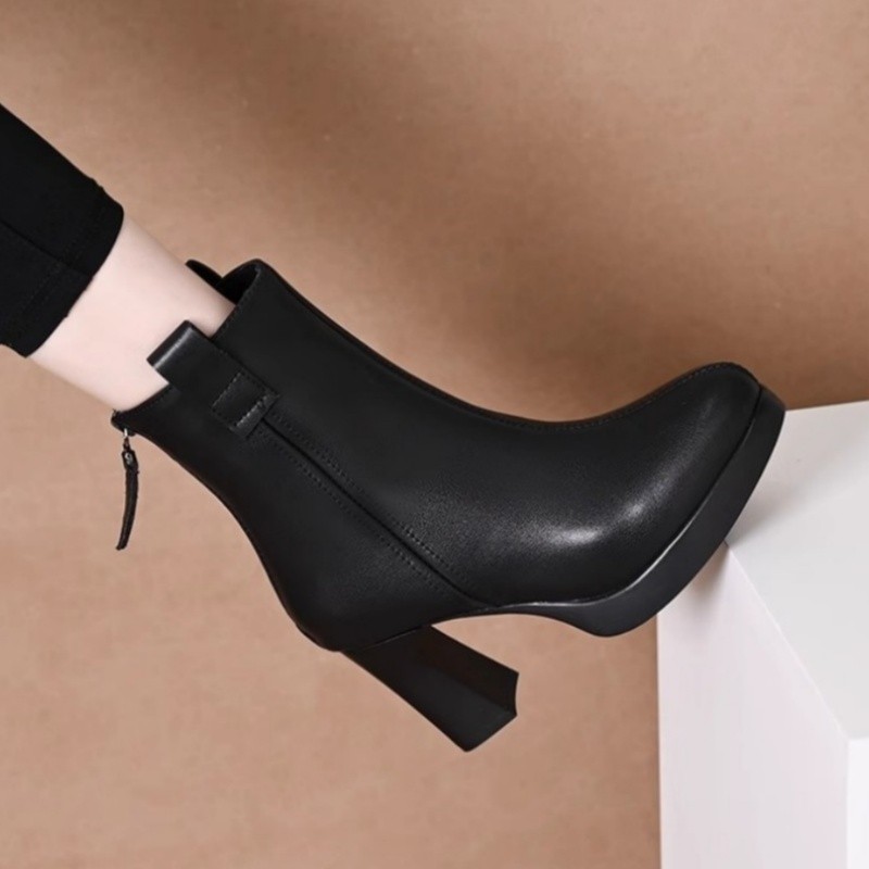 新款时尚防水台加绒靴百搭秋冬季高跟粗跟  金2000