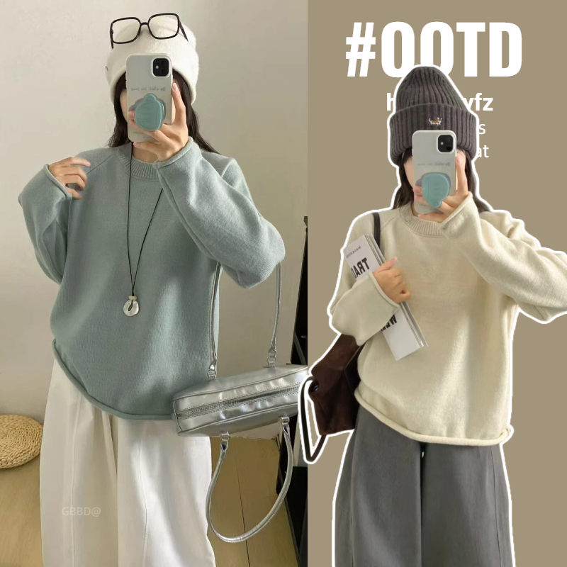 孕妇装2025秋冬慵懒风温柔软糯卷边奶套头宽松冬季针织衫内搭毛衣