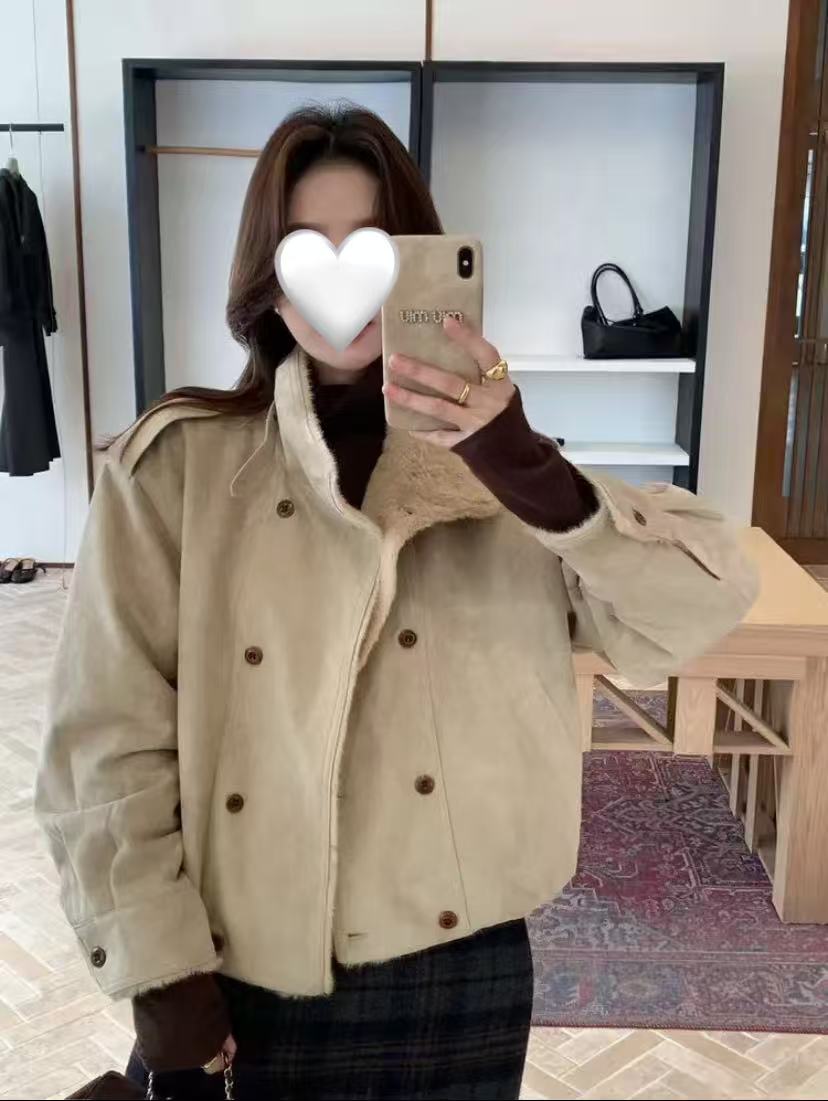 【雪地迷鹿】秋冬韩系双排扣加绒加厚保暖慵懒风短款短外套x
