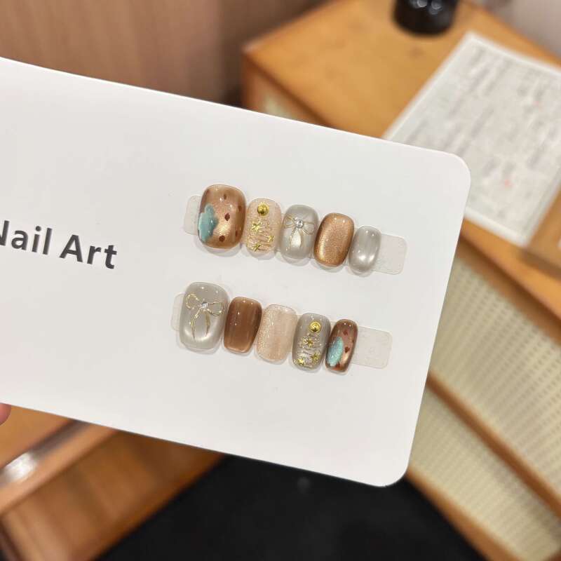 【蓝棕绮梦】高级感小众纯手工可拆卸穿戴美甲长短梯型多甲型美甲