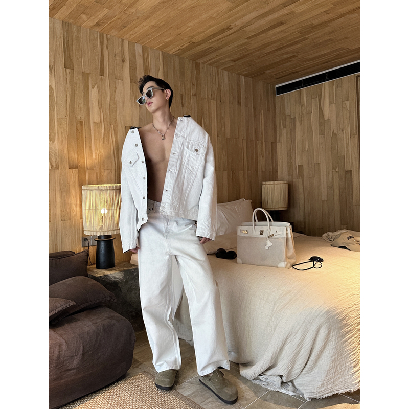 威廉威【稀有！限量】艺术感工匠精神刷胶涂白牛仔夹克长裤套Z204