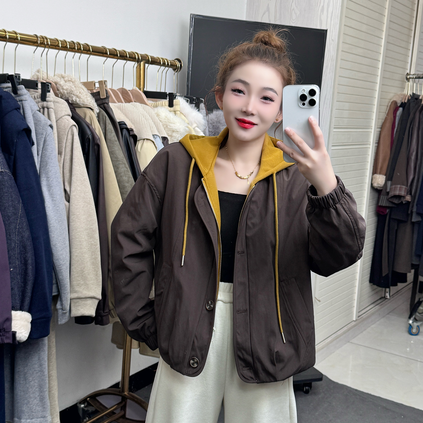 加绒短款外套女2025年冬季新品小个子气质减龄假两件连帽百搭上衣