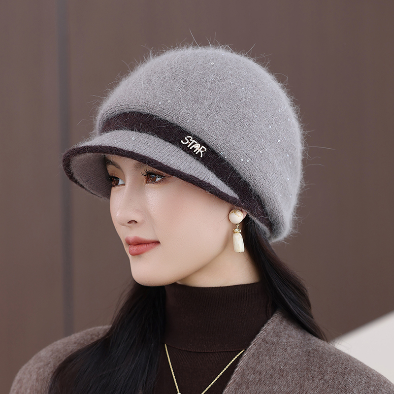 秋冬新款加厚保暖女帽兔毛针织帽子女士针织帽毛线帽洋气女鸭舌帽