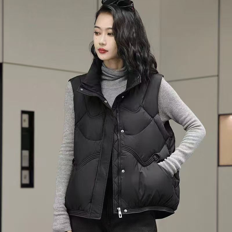 欧货立领丝棉马甲女2024冬款设计感小个子宽松休闲无袖坎肩马夹