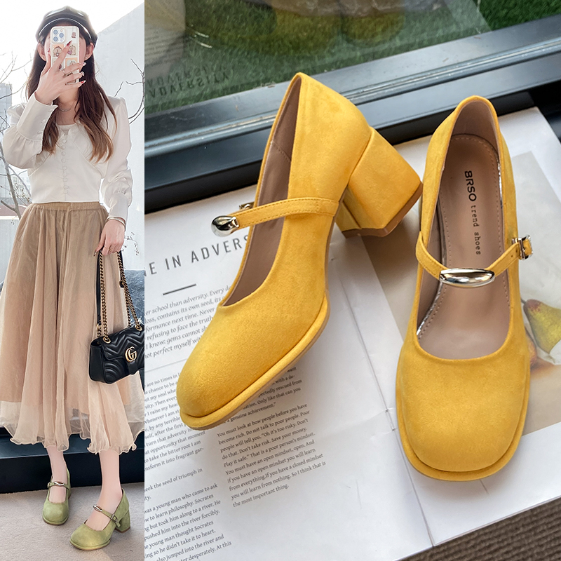 绒面玛丽珍单鞋女2025春夏新款6CM粗跟增高时尚百搭法式一字扣