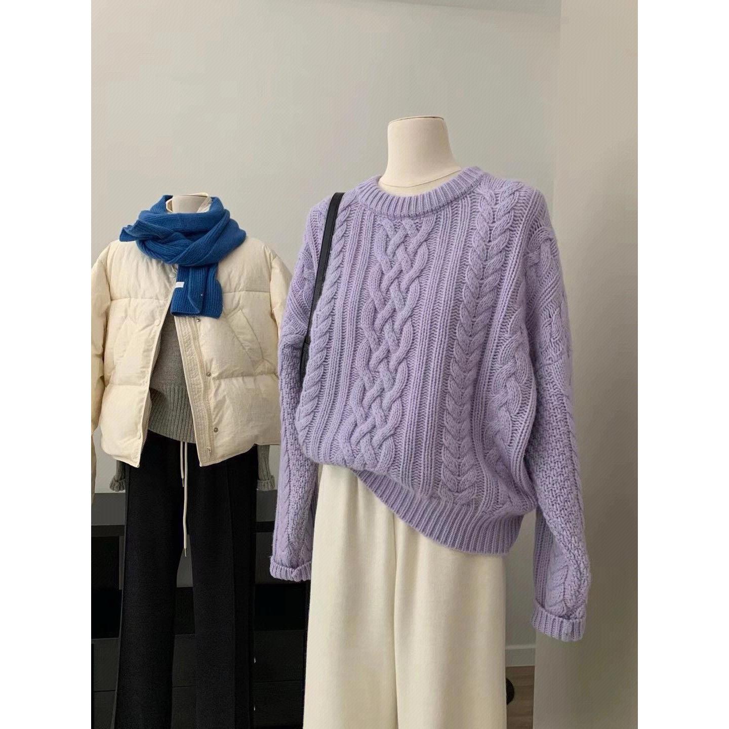 香芋紫色！东大门软糯麻花套头毛衣女2024冬季温柔风针织加厚上衣