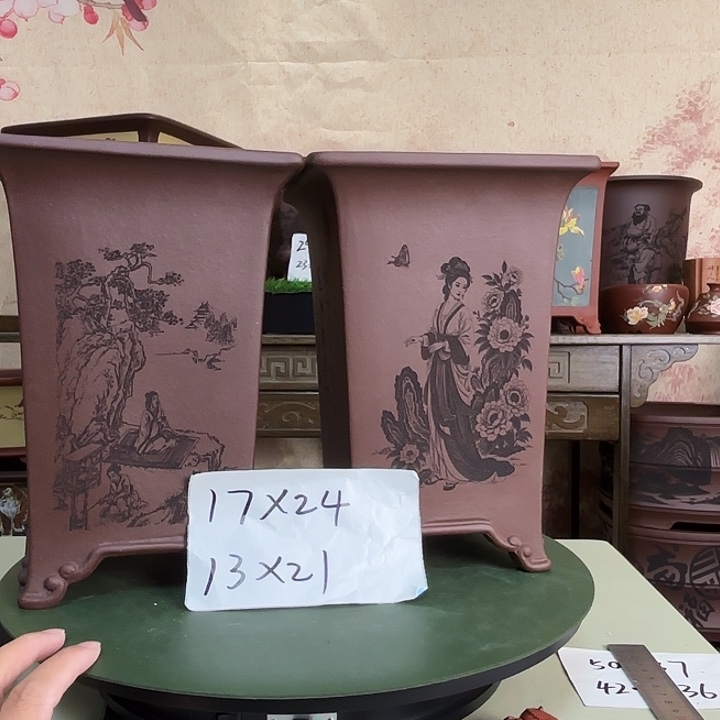 紫砂花盆刻绘美女+老者