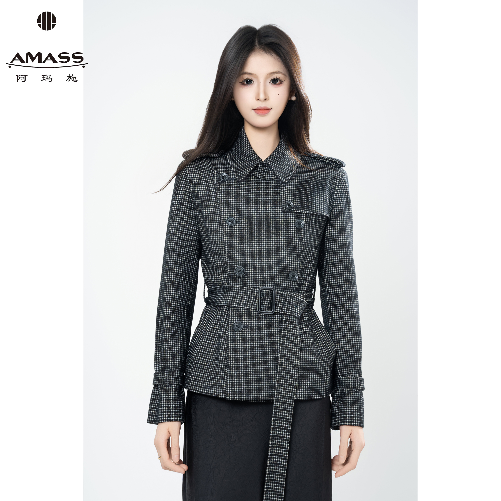 AMASS/阿玛施早秋新款时尚气质双排扣修身风衣外套(附腰带)540113