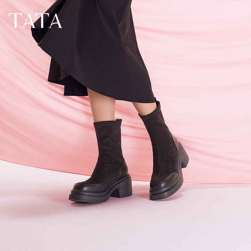 【反季福利】Tata他她短靴女靴子休闲时装瘦瘦靴新款WEC03DZ4